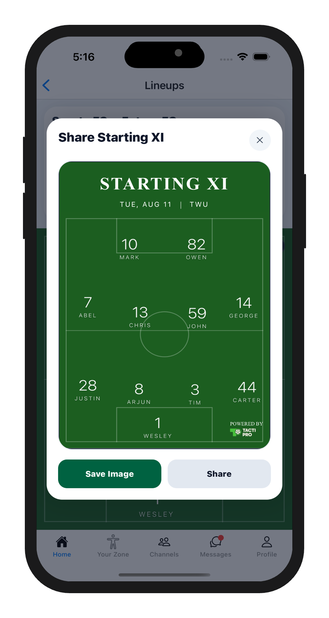 Starting XI graphic — maroon kit