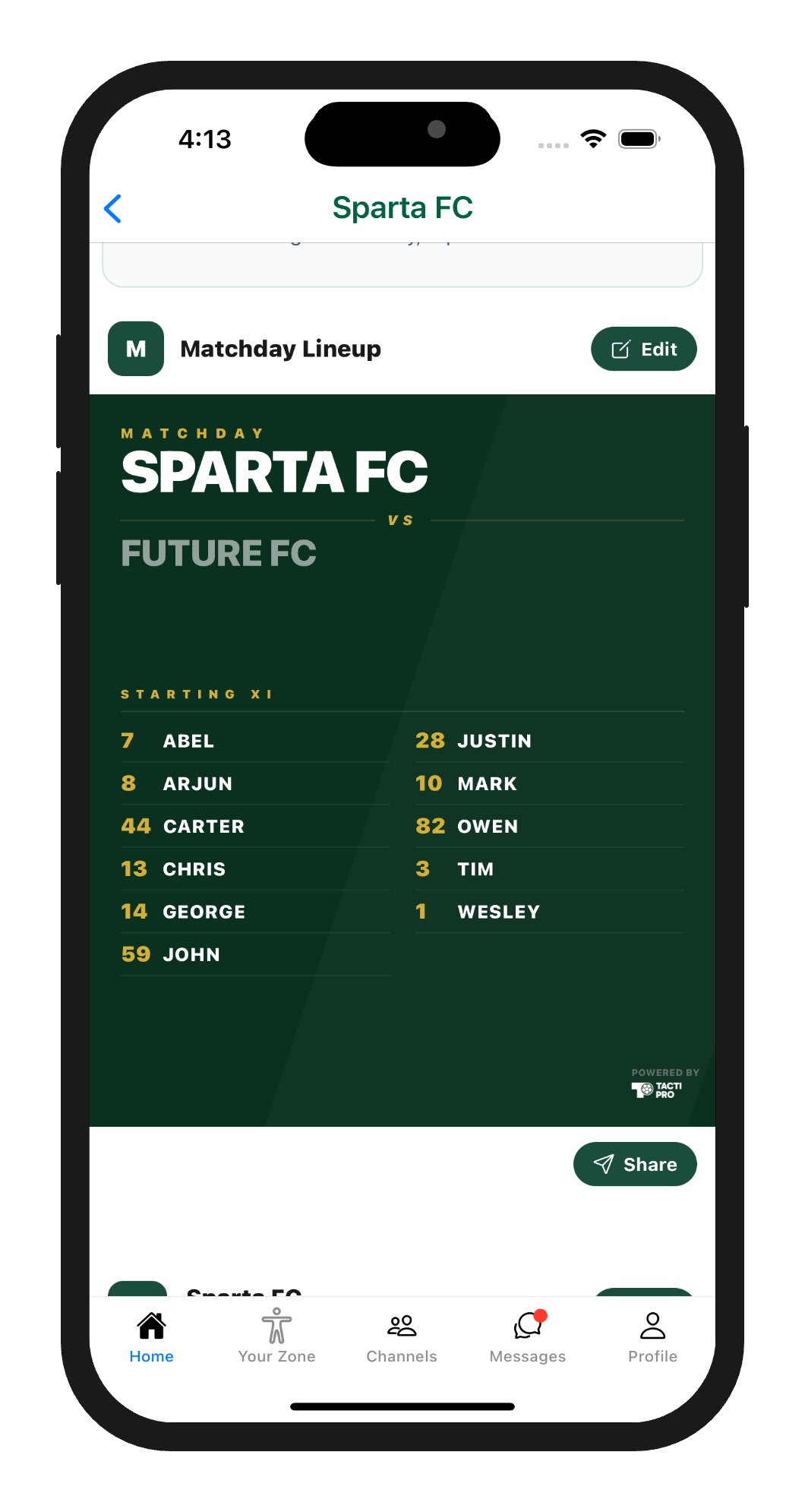 Starting XI graphic — green kit